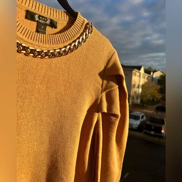 🆕 AZI New York Mustard Gold Chain-Neck Puff Sleeve 100% Cotton Sweater Size S - Picture 10 of 16